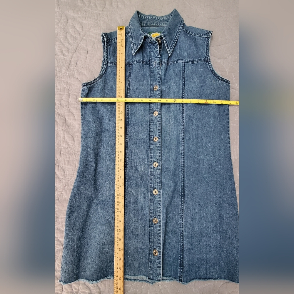 90s Vintage Cabela's Denim Mini Dress | Sleeveless Long Jean Tunic Vest - Picture 3 of 8